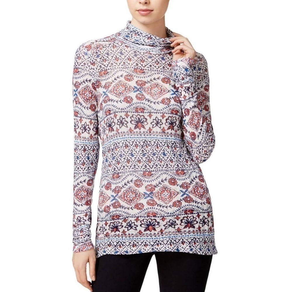 Lucky Geometric Gauze Mock Turtleneck Long Sleeve Tunic Top Size L